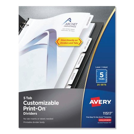 AVERY DENNISON Print-On Index Dividers 5 Tab, White, PK125 11517